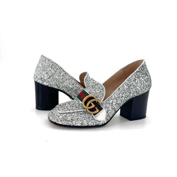 Gucci Web Stripe GG Peyton Silver Glitter Square Toe Platform Heeled Loafers 36 - Picture 4 of 10